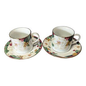 Vintage 1998 Tienshan Fine China Magnolia Coffee Cups & Saucers Set of 2